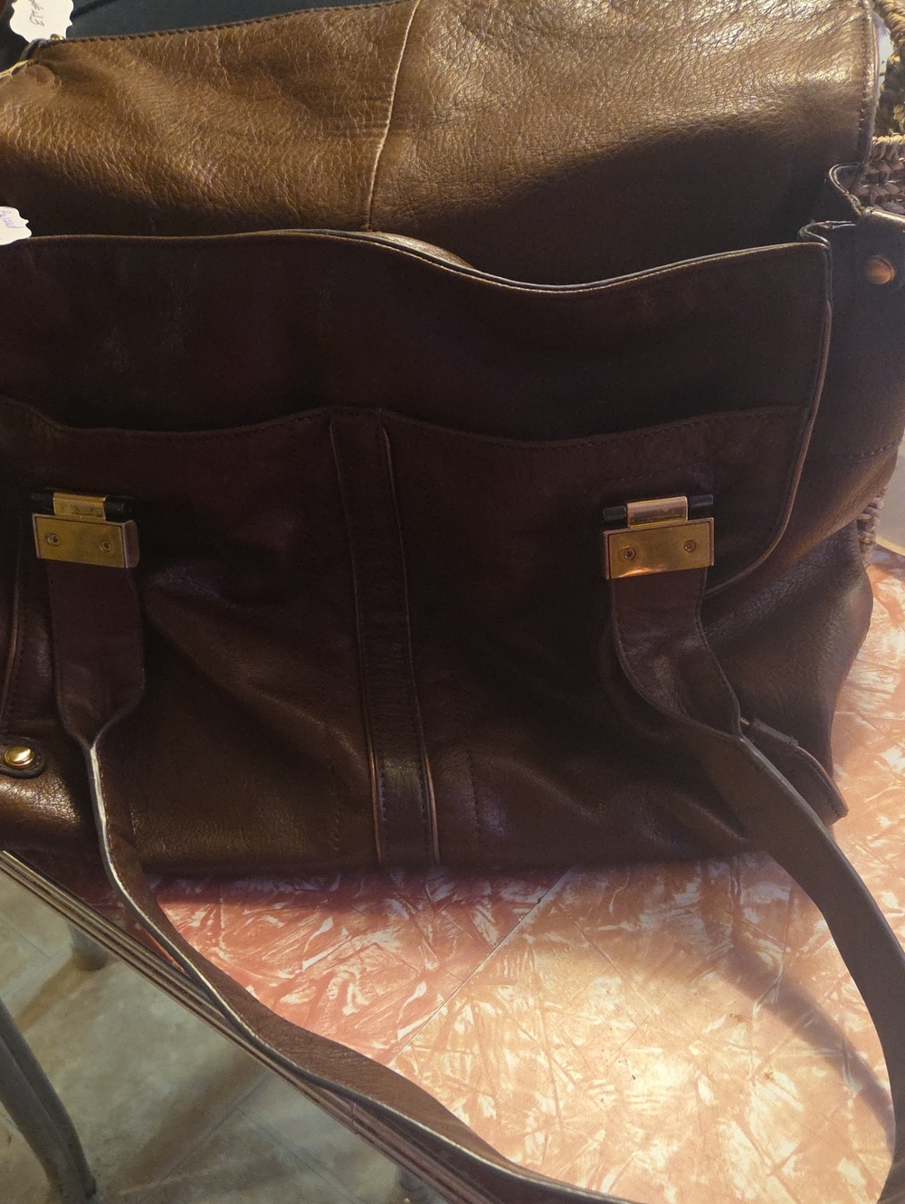 b. makowsky Dark Brown Leather Shoulder Bag with Gold Hardware Accents
